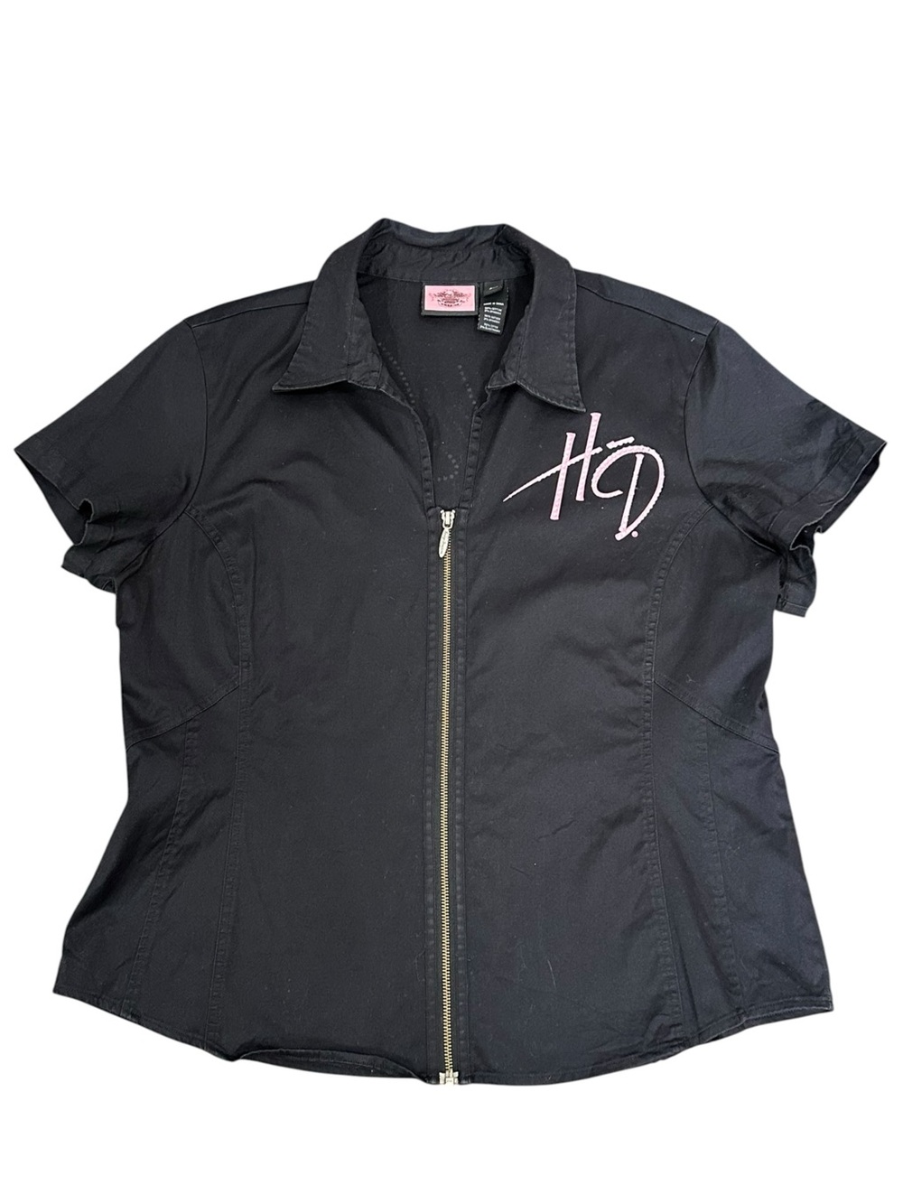 Harley-Davidson Black Short Sleeve Zip-Front Biker Shirt with Pink Rhinestones